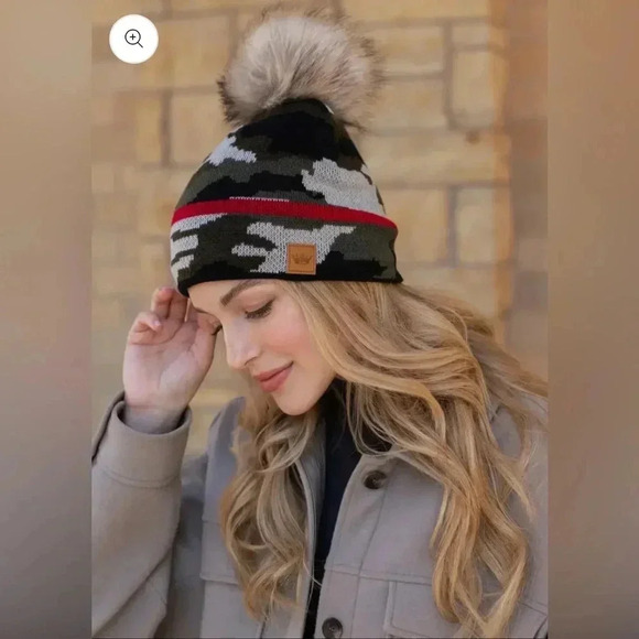 PANACHE Vegan Fur Puff Knit Winter Hat in Green Camo - Picture 2 of 5